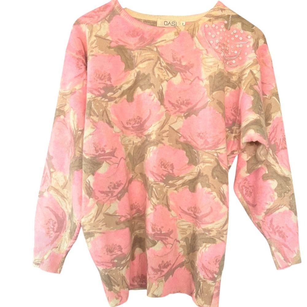 OASI Vintage Pink Floral Lambswool Angora Beaded‎ Sweater Women's MEDIUM Cottage